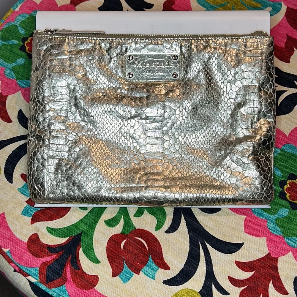 Kate Spade Foiled Pouch Makeup Bag Clutch Snake Print Gold - Picture 1 of 9